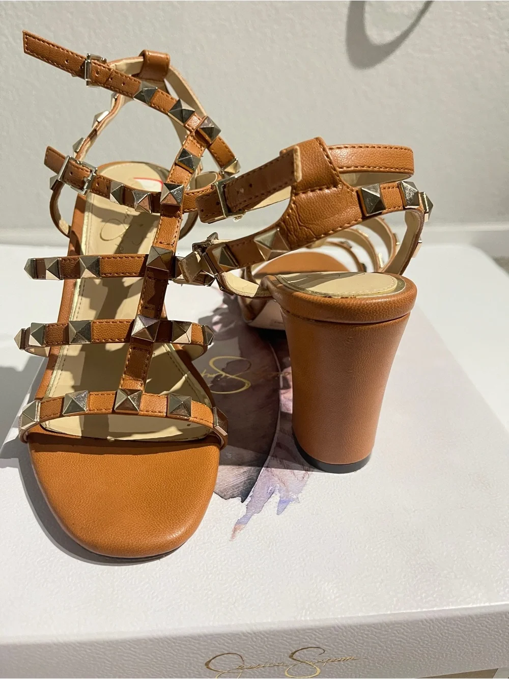 Jessica Simpson Tan Studded Strappy Block Heel Sandals